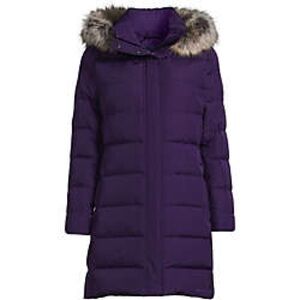 Women's Purple Lands End Long Puffer Coat with Faux Fur Hood